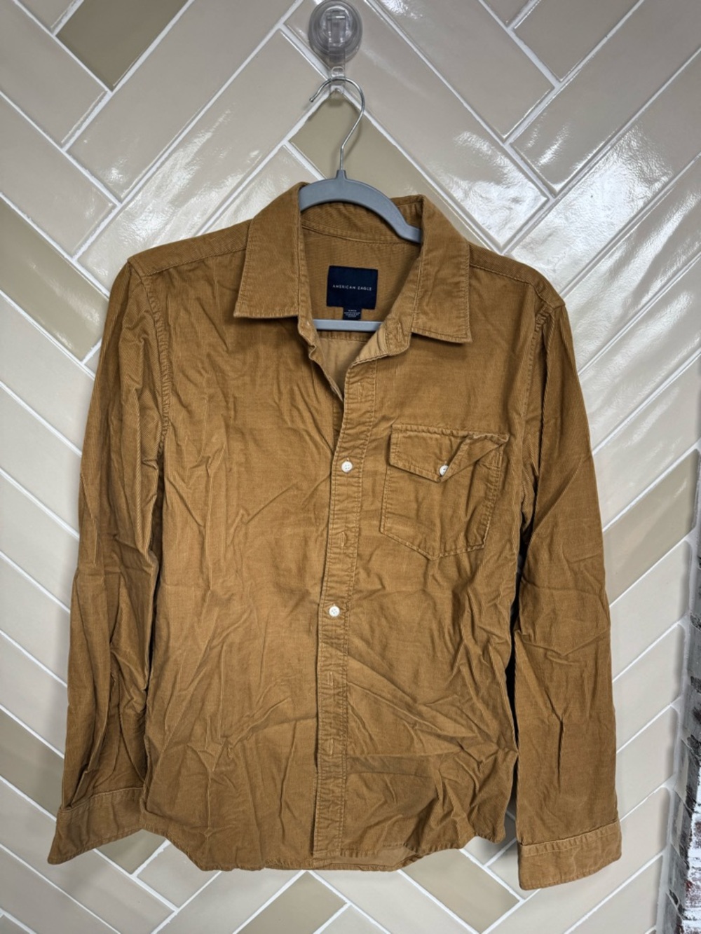 American Eagle Outfitters Corduroy Button-Down Shirt in Mustard Brown